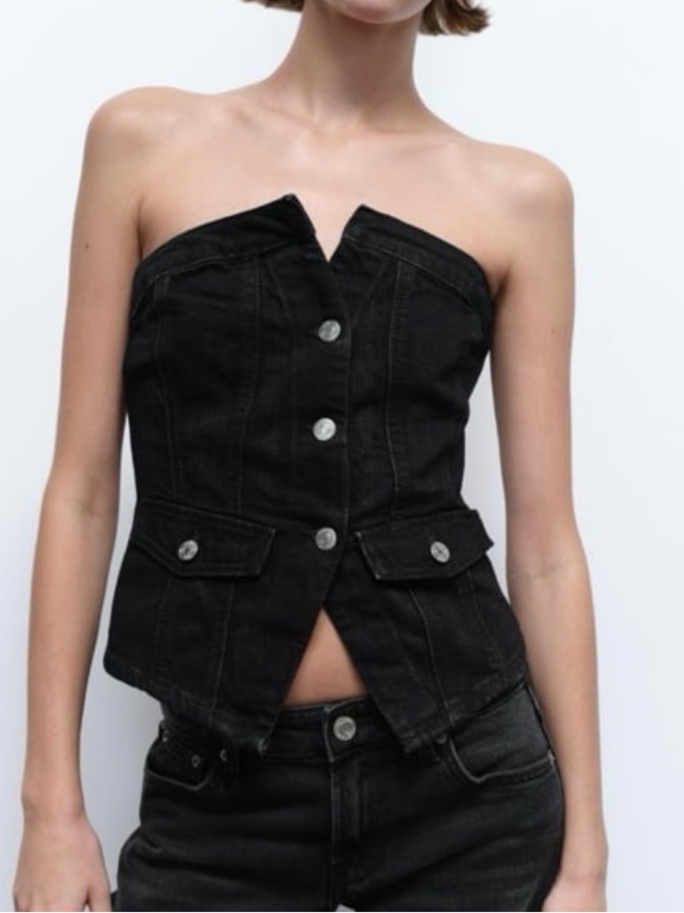 Zara Black Strapless Button Front Top Large
